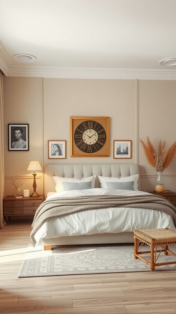 A beige bedroom featuring vintage decor, a plush bed, and framed photographs.