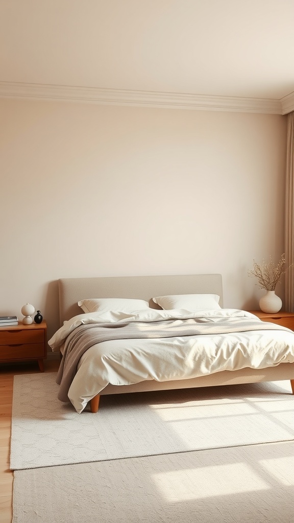 A serene beige bedroom with a neutral palette, featuring a cozy bed and simple decor.