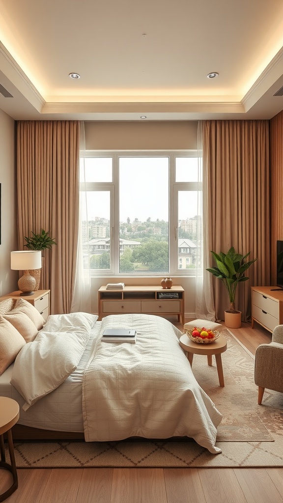 A cozy beige bedroom featuring a bed, small table, and large windows with curtains