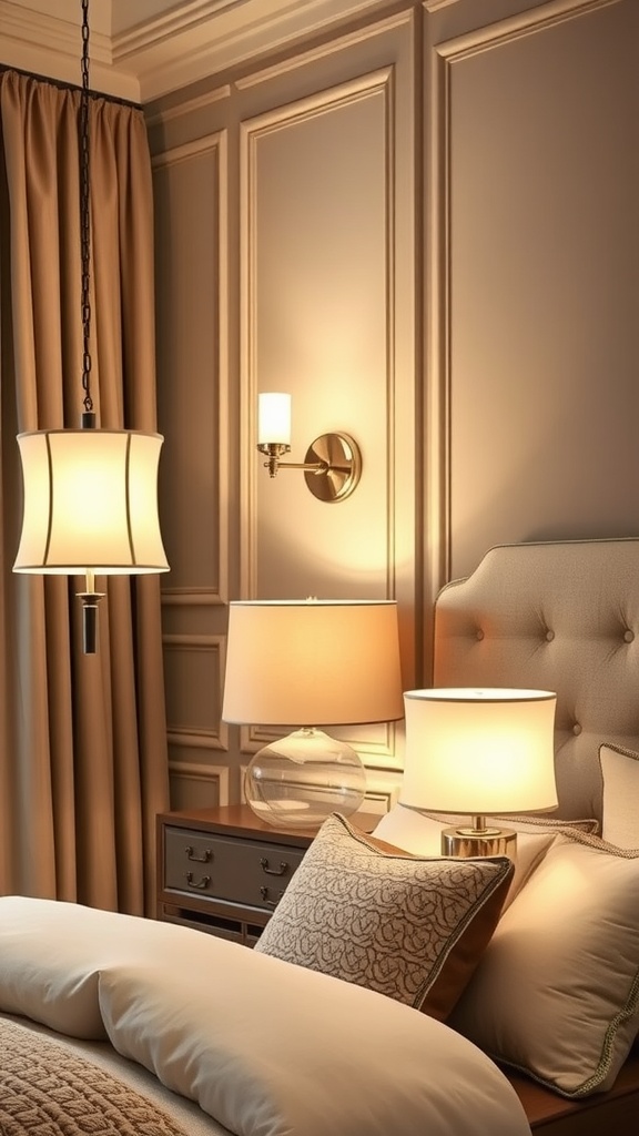 A cozy beige bedroom featuring various lighting fixtures including a pendant light, table lamps, and wall sconces.