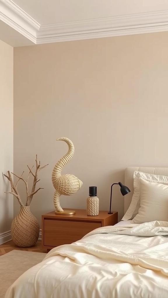 An aesthetic beige bedroom featuring sculptural decor elements like a woven lamp and decorative vase.