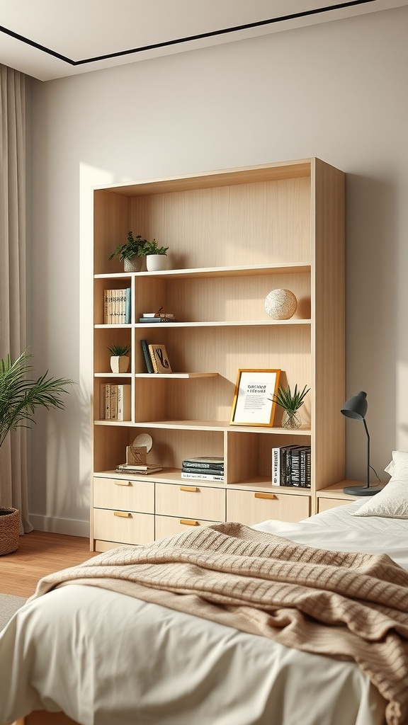 Light wood shelving unit in a beige bedroom, showcasing books, plants, and decorative items