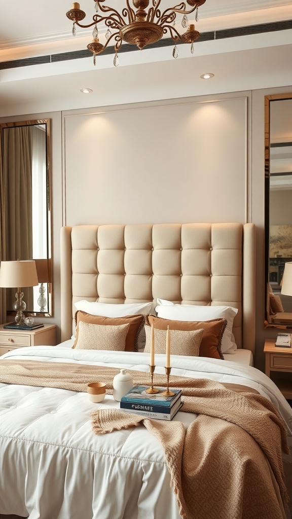 A stylish bedroom featuring a beige tufted headboard, soft bedding, and elegant decor elements.