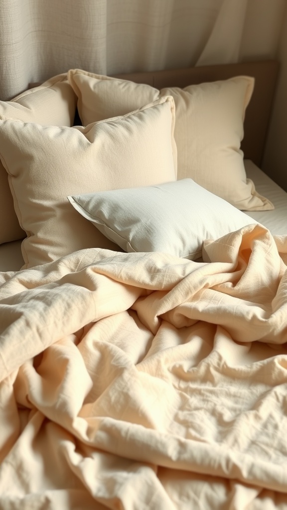 A bed with beige pillows and a soft throw blanket