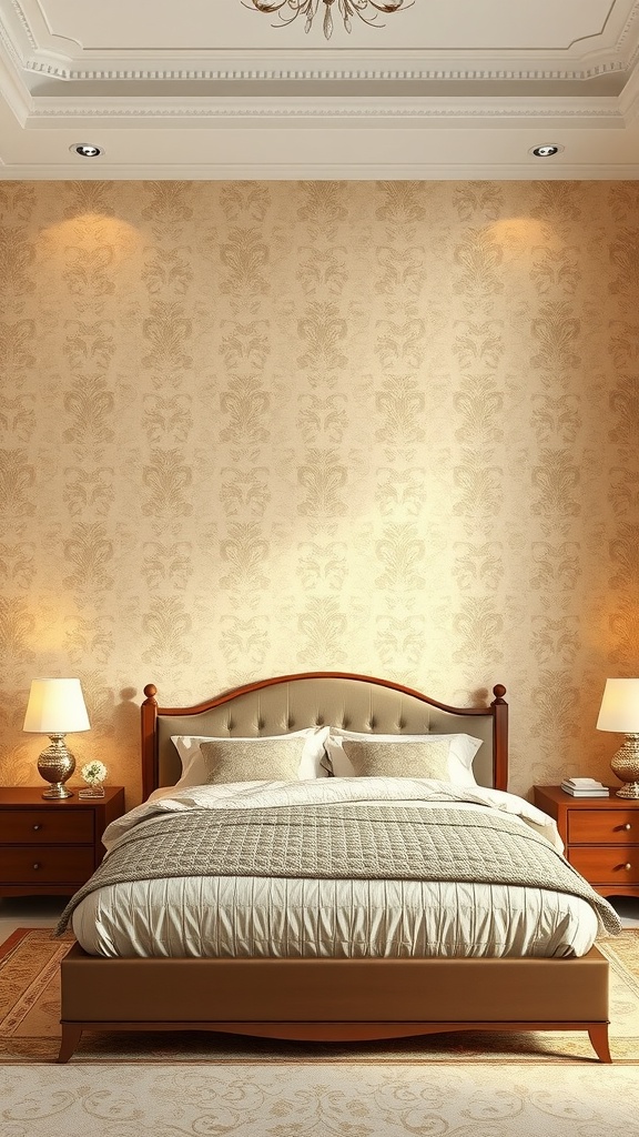 A cozy bedroom featuring beige wallpaper with elegant patterns, a wooden bed frame, and warm lighting.