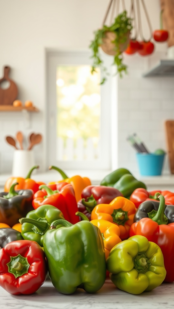 A colorful display of bell peppers on a kitchen countertop, highlighting their vibrant colors and fresh appearance.