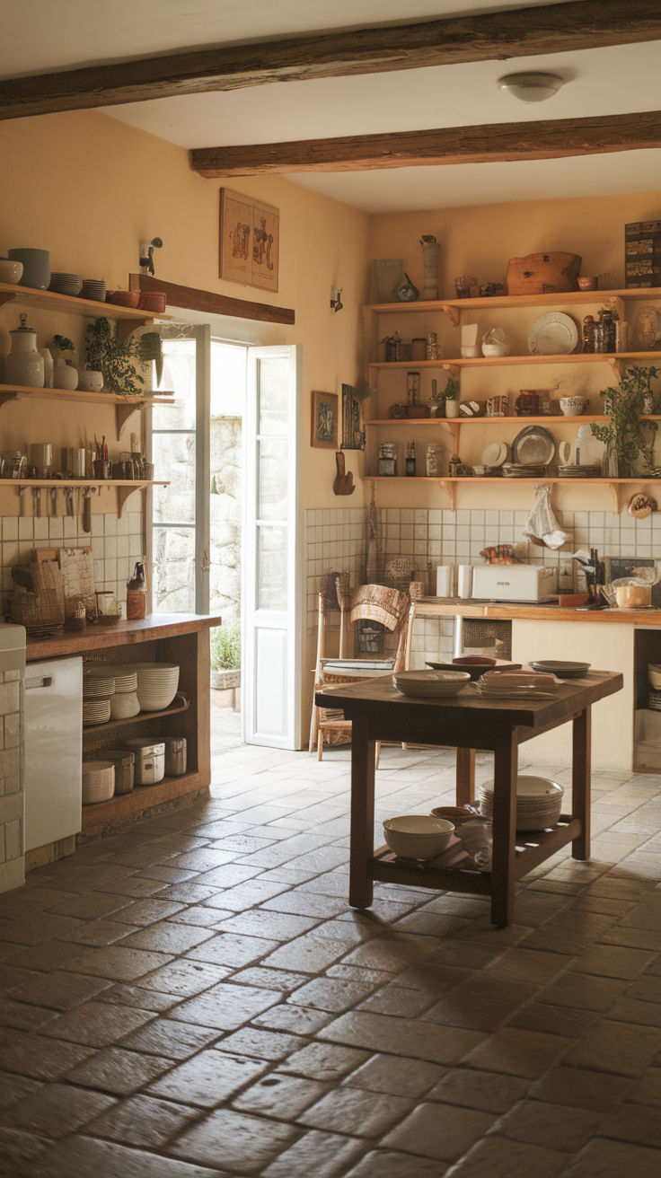 A cozy farmhouse kitchen featuring rustic stone tile flooring, wooden cabinets, and a warm stove.