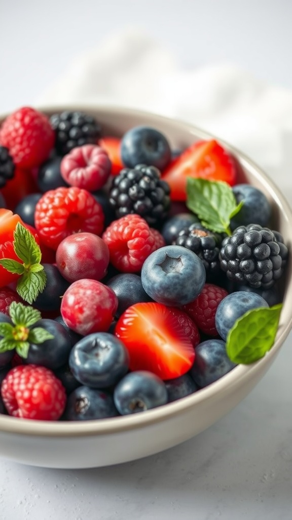 A beautiful bowl filled with a variety of fresh berries including blueberries, strawberries, raspberries, and blackberries, garnished with mint leaves.