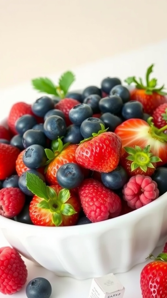A bowl filled with fresh strawberries, blueberries, and raspberries, showcasing vibrant colors and textures.