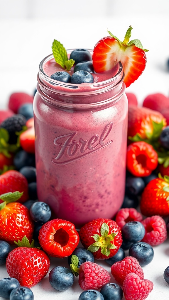 A vibrant berry smoothie in a jar, surrounded by fresh berries.