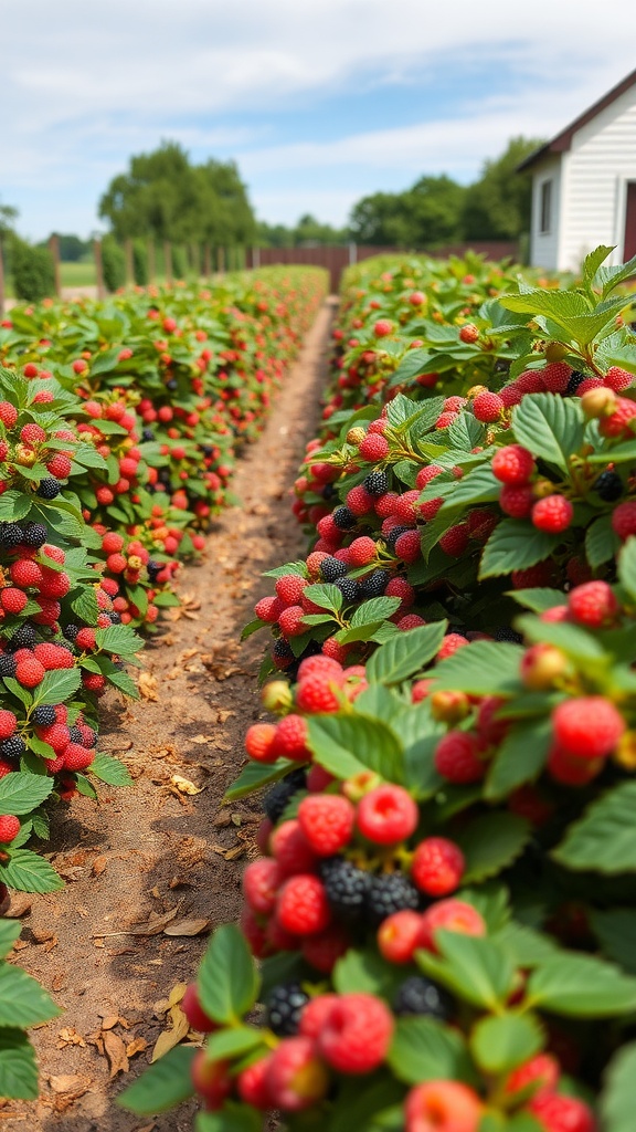 Rows of vibrant raspberry and blackberry bushes in a farmhouse garden