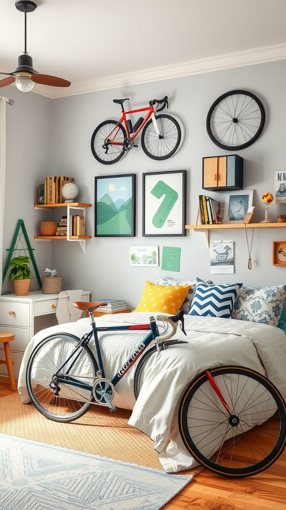 A stylish boy's bedroom featuring a bicycle and cycling-themed decor, including wall-mounted bikes and colorful cushions.