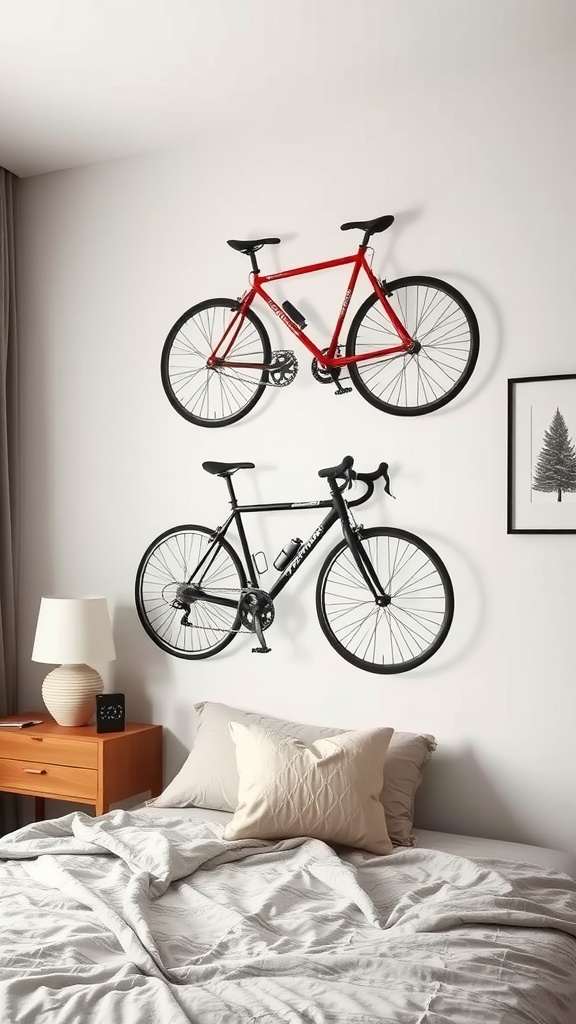 A bedroom featuring two bicycles mounted on the wall, with a cozy bed and nightstand.