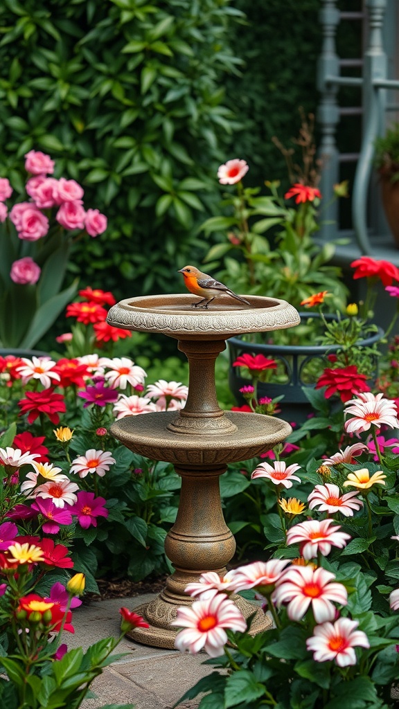 A decorative bird bath surrounded by vibrant flowers in a small garden.