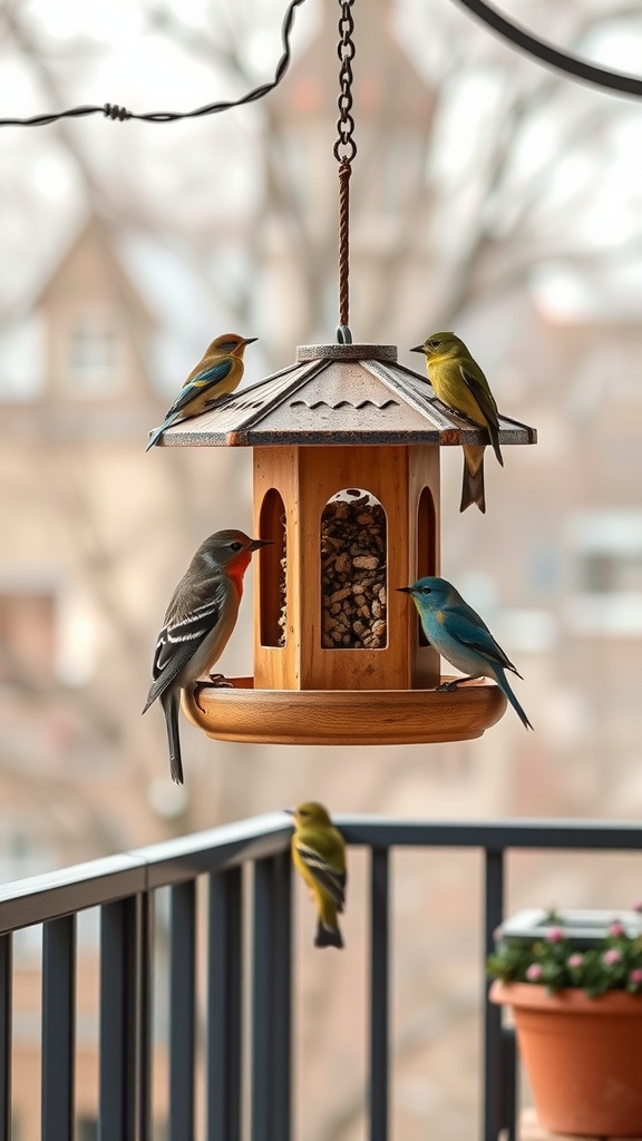 A wooden bird feeder filled with seeds, surrounded by colorful birds on a balcony.