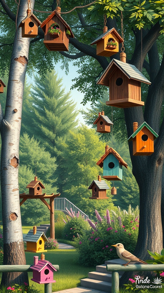 Colorful birdhouses hanging in a garden with flowers and a small bird