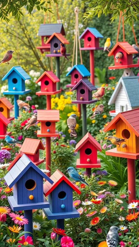 Colorful birdhouses and feeders in a vibrant garden filled with flowers and birds.