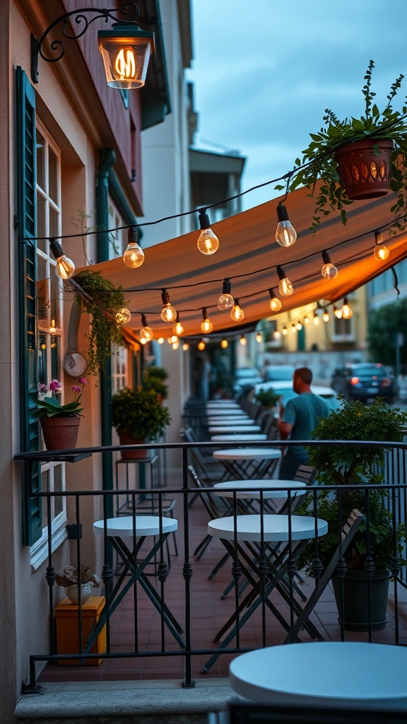 A balcony adorned with bistro lights, creating a cozy and romantic atmosphere.