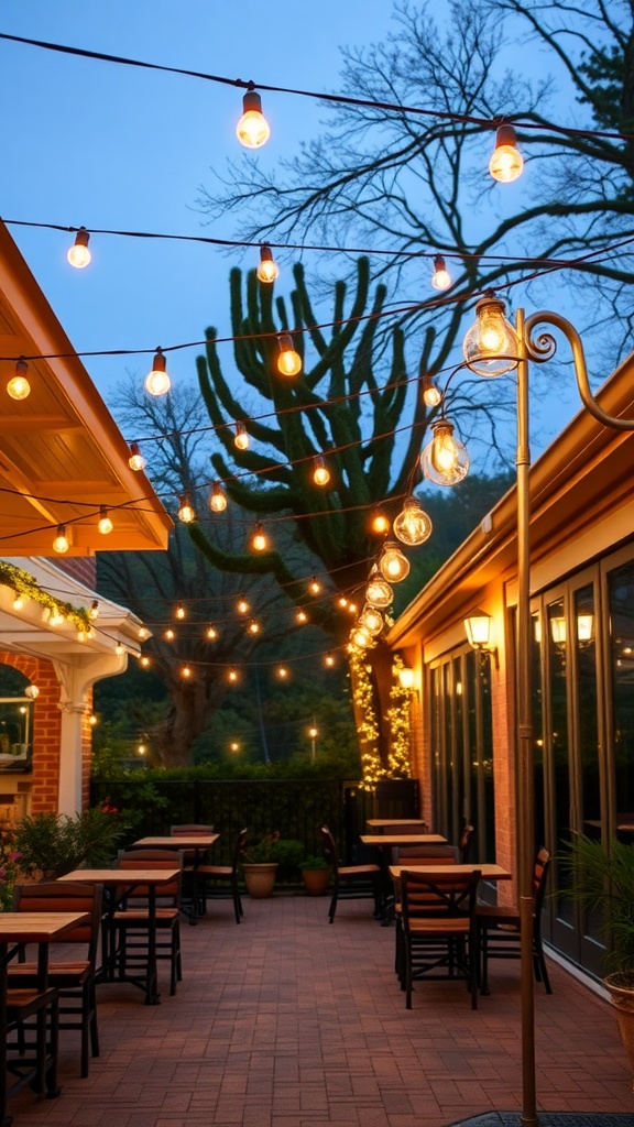 A cozy outdoor patio with bistro lights glowing warmly against a blue sky