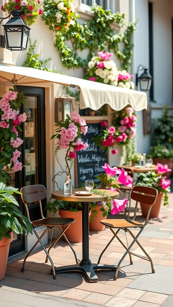 A charming bistro set with two chairs and a small table surrounded by vibrant flowers and greenery.