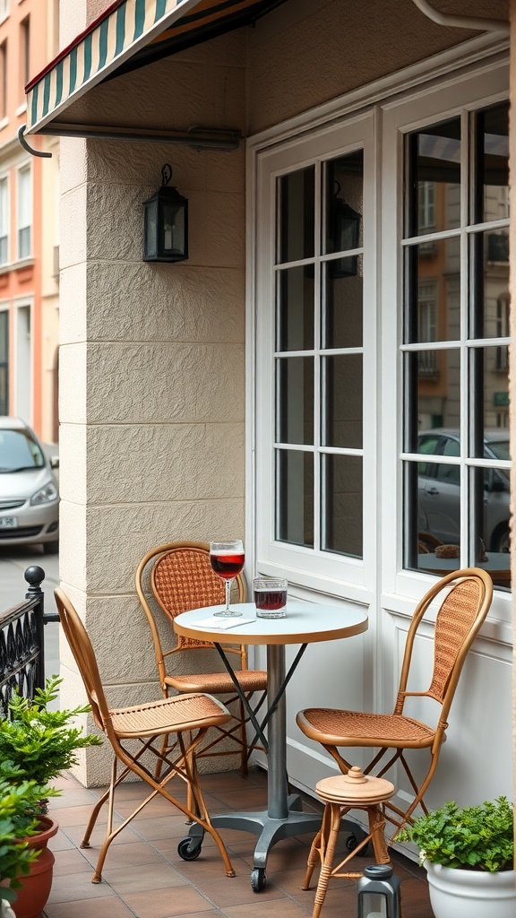 A cozy bistro set with two woven chairs and a round table, featuring drinks, set against a charming balcony backdrop.