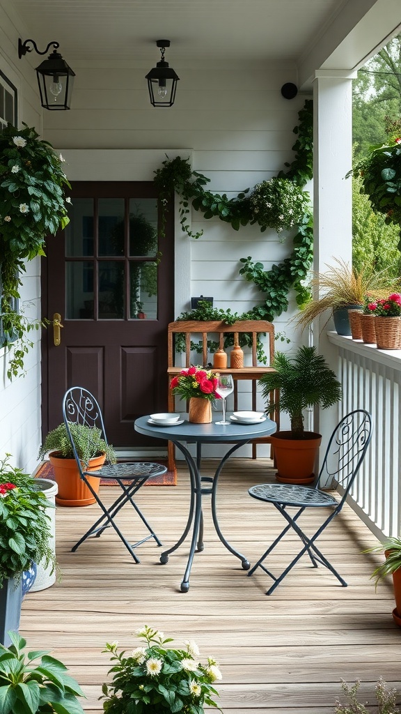 A cozy farmhouse back porch featuring a bistro table and chairs surrounded by plants