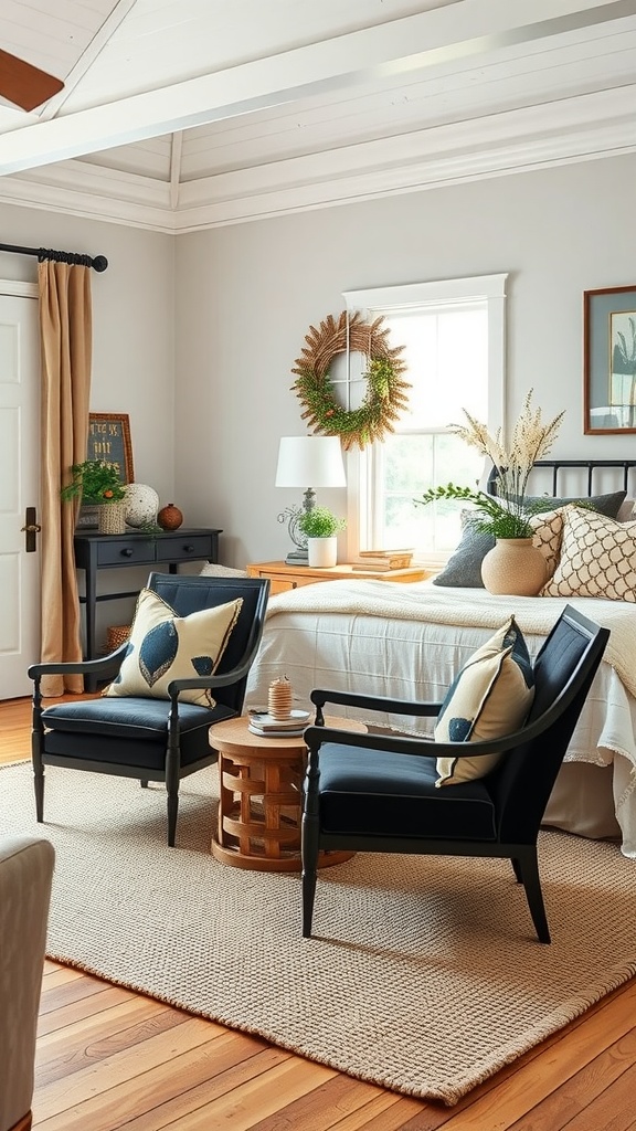 Cozy farmhouse bedroom featuring black and cream accent chairs with geometric cushions, arranged beside a small round table.