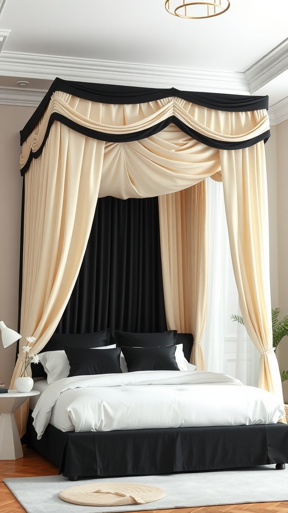 A black and cream bed canopy with soft drapes and elegant design.