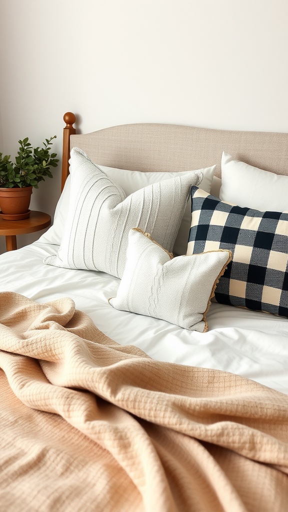 A cozy bedroom featuring black and cream throw pillows on a bed with a peach blanket