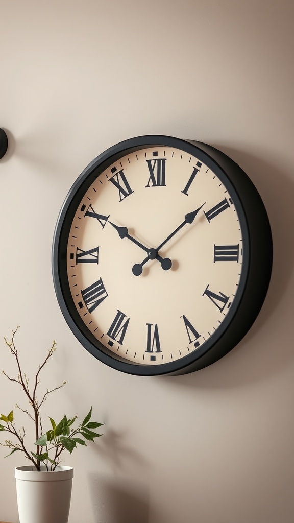 A black and cream wall clock with Roman numerals hanging on a beige wall, with a small potted plant nearby.