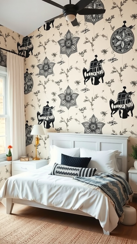 Bedroom featuring black and cream wallpaper with floral patterns and a white bed