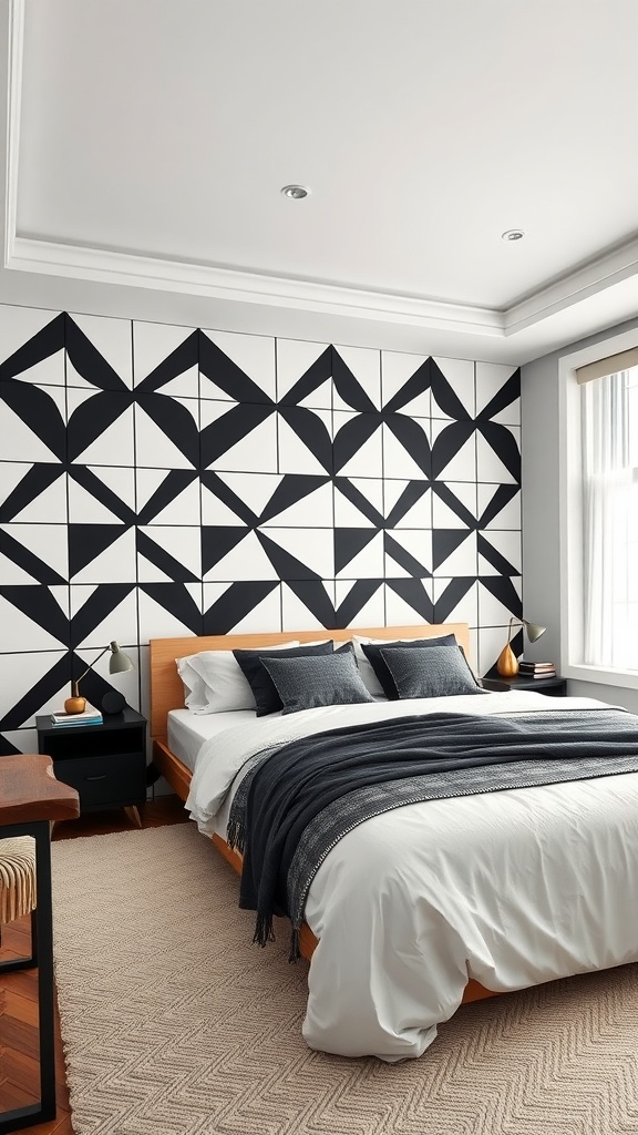 Bedroom with a black and white geometric accent wall, featuring a bed with white bedding and dark pillows, complemented by a warm wooden bed frame.