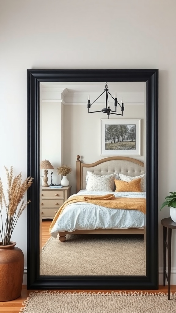 A stylish bedroom featuring a large black framed mirror reflecting a cozy bed with cream bedding and warm wooden furniture.