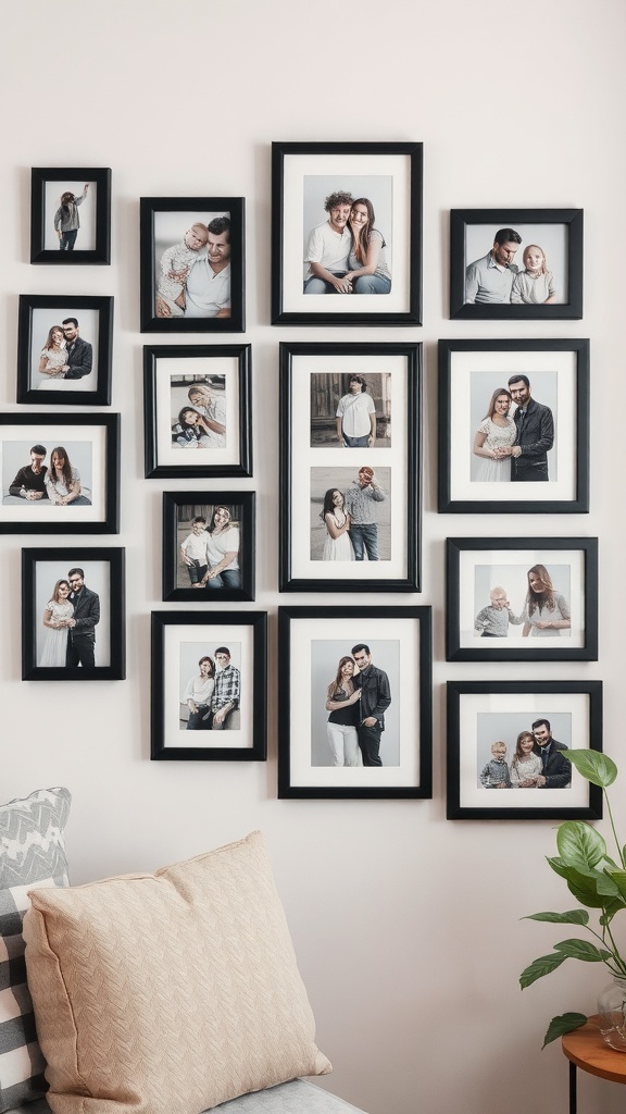 A wall filled with black picture frames showcasing family photos in a cozy setting.
