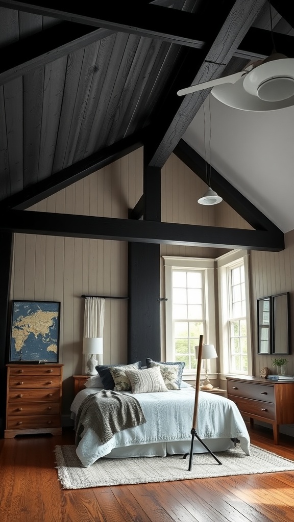 A farmhouse bedroom featuring black wood ceiling beams, cream walls, and cozy furnishings.