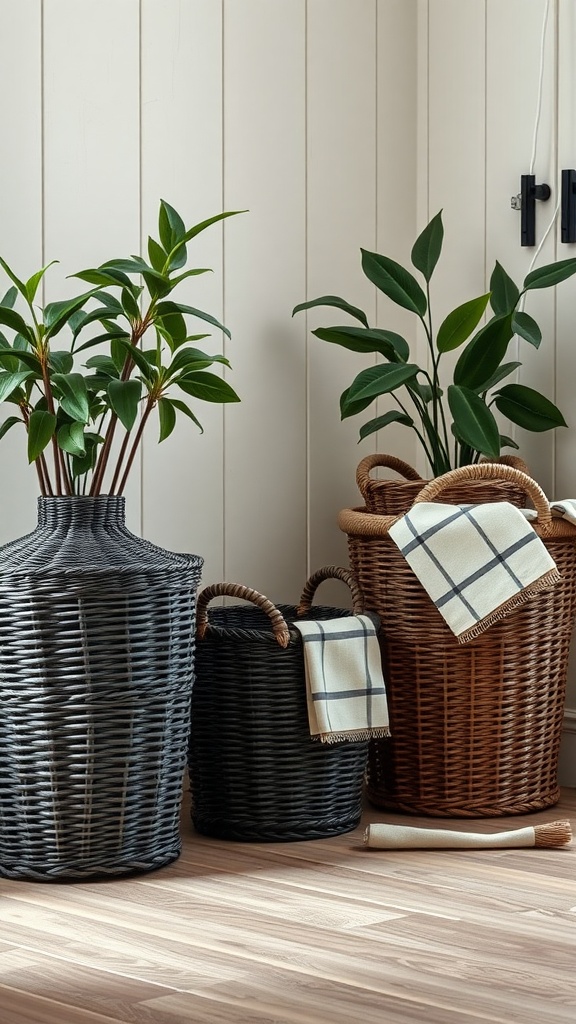 A collection of black woven baskets and a brown woven basket, featuring plants and decorative cloths, in a warmly lit room.