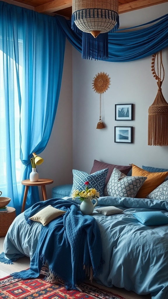 A cozy blue boho bedroom with soft curtains, textured pillows, and a flower vase creating a vibrant atmosphere.