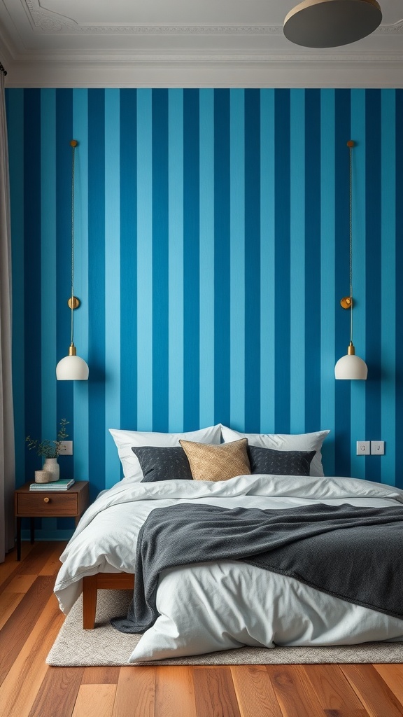 A blue-striped accent wall in a boho bedroom with a cozy bed and warm wooden flooring