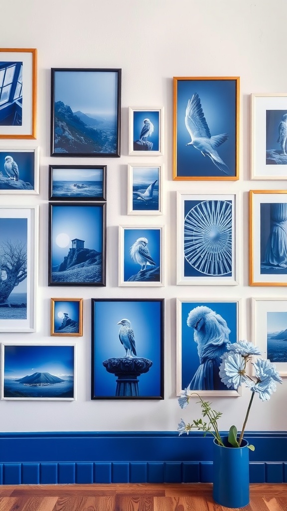 Blue-themed gallery wall featuring various framed artworks in shades of blue, complemented by a vase of flowers