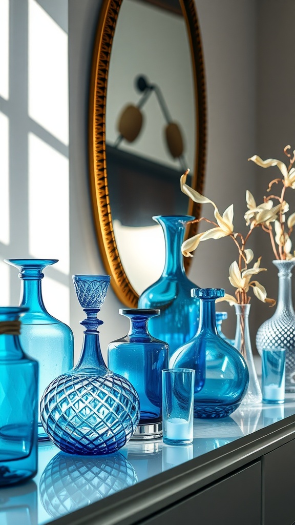 A collection of blue-tinted glass vases displayed on a table with a mirror in the background