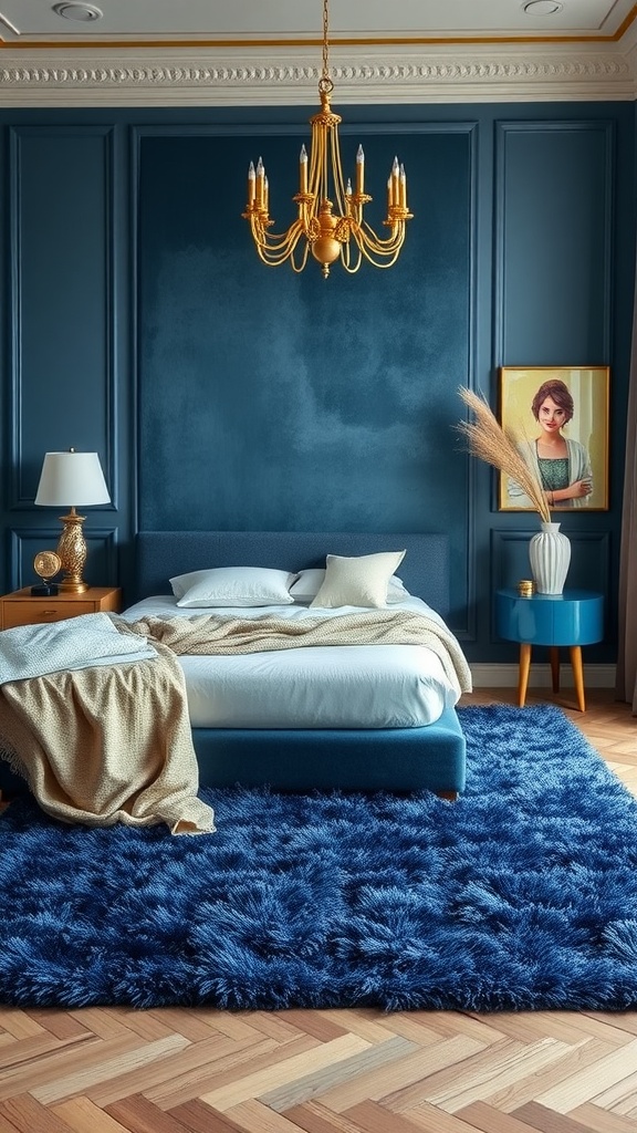 Bedroom featuring a blue-toned area rug, blue walls, and a gold chandelier.