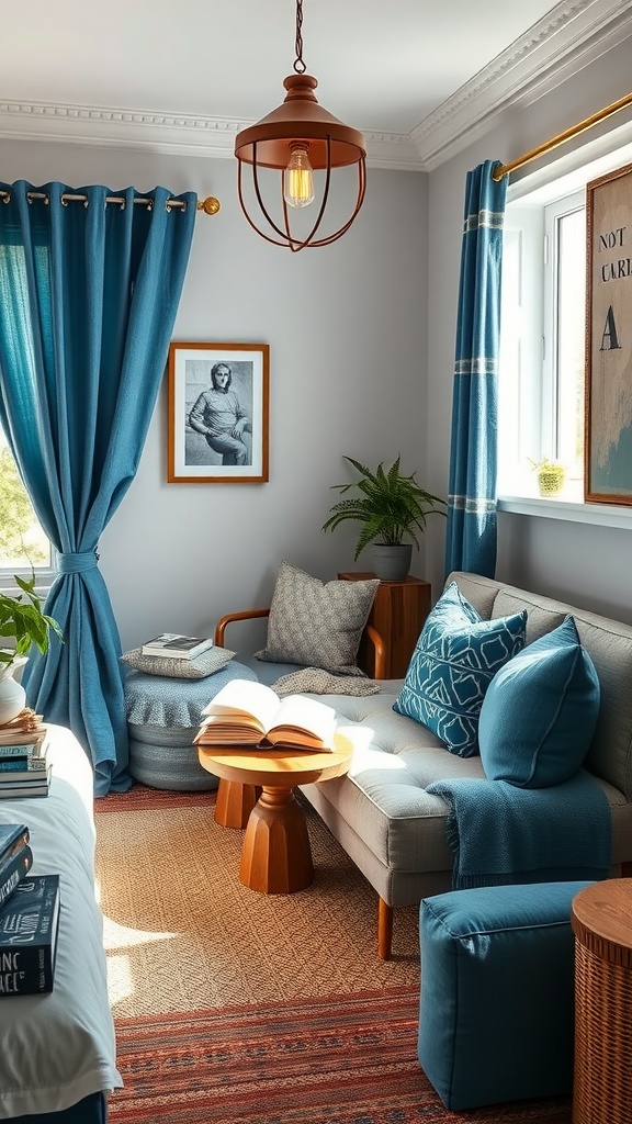 A cozy reading nook featuring a blue-accented sofa, decorative pillows, a wooden coffee table, and blue curtains.