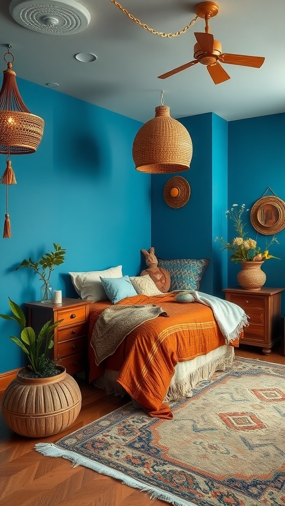 A boho bedroom with vibrant blue walls, earthy orange bedding, and natural decor elements.