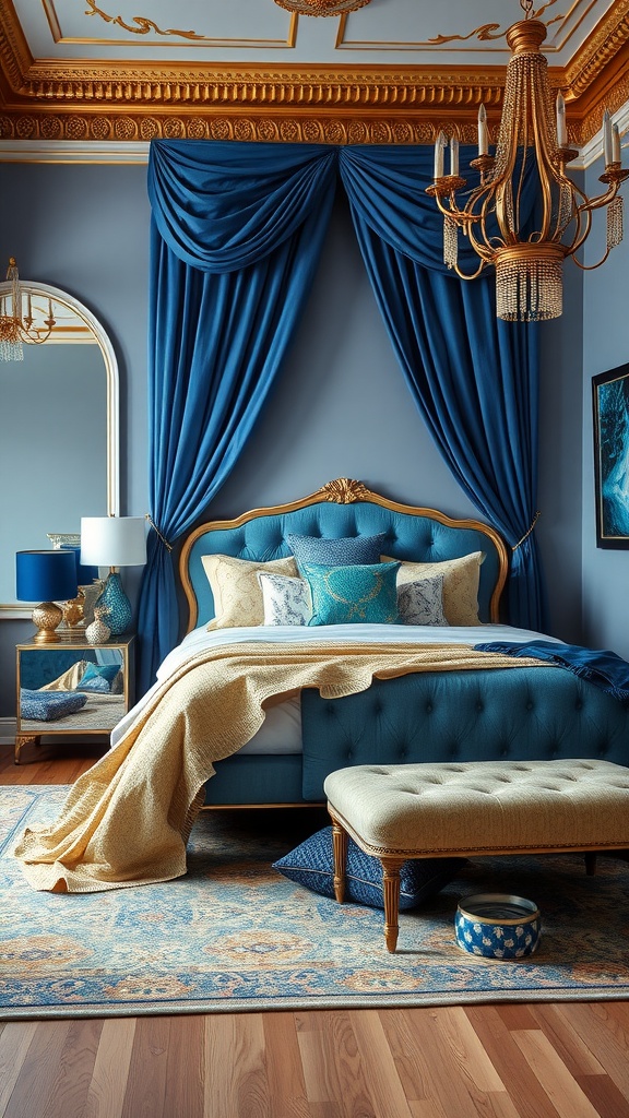 A vibrant blue boho bedroom featuring rich blue curtains, a plush bed, and gold accents.