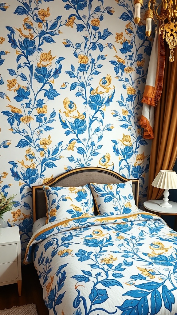 A bedroom featuring blue and gold floral patterns on the walls and bedding, with a warm, inviting atmosphere.