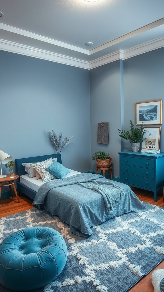 A cozy bedroom featuring blue and gray color combinations with stylish decor.