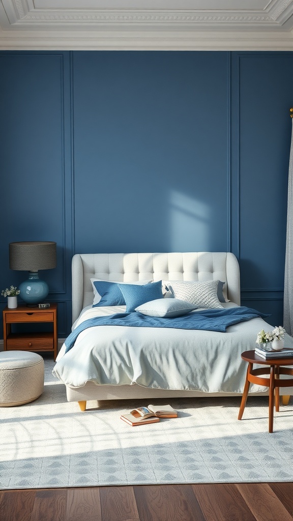 A beautifully arranged bedroom featuring blue walls and gray bedding, with elegant furniture and decor elements.