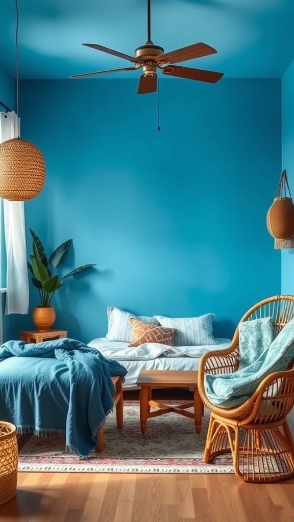 A bright blue boho bedroom featuring rattan furniture and cozy textiles.