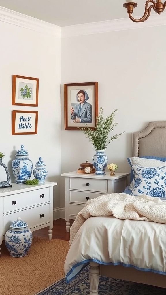 A cozy blue and white boho bedroom showcasing ceramic accents