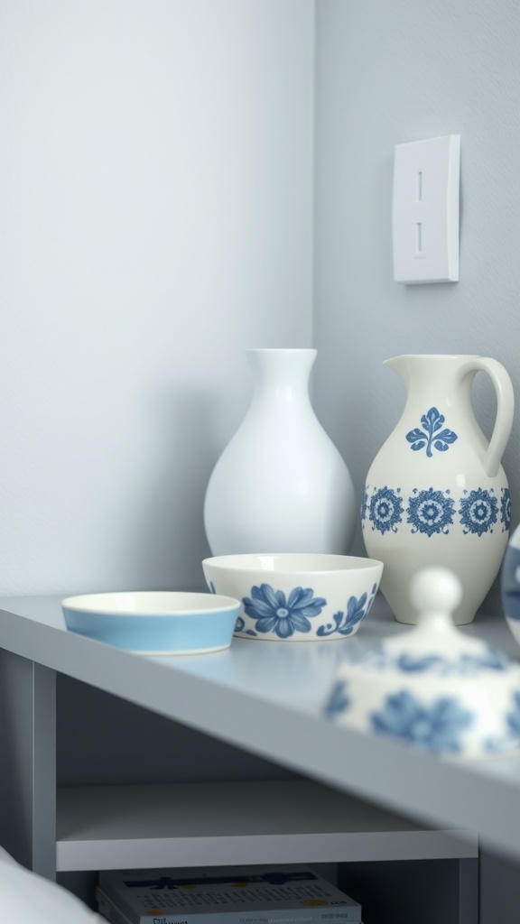 A collection of blue and white ceramic accessories on a gray shelf, including vases and bowls.